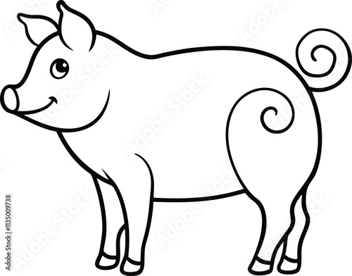 Adorable Cartoon Pig, Line Art, Coloring Page, Farm Animal, Swine, Illustration, Happy Piglet, Black