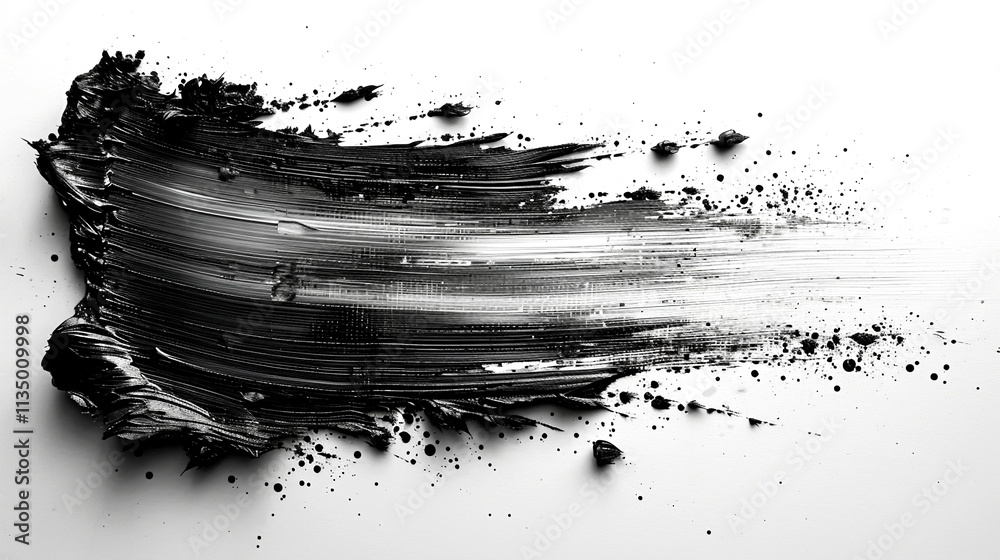 Dynamic black paint stroke with splashes on a white canvas Dynamic black paint stroke with splashes on a white canvas