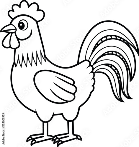 Rooster Illustration Farm Animal, Black and White, Cartoon, Coloring Page