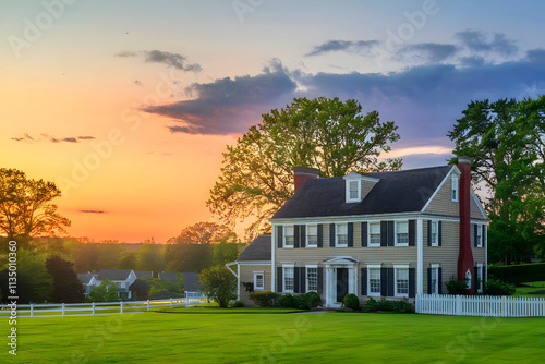 A stunning American colonial home at dusk.