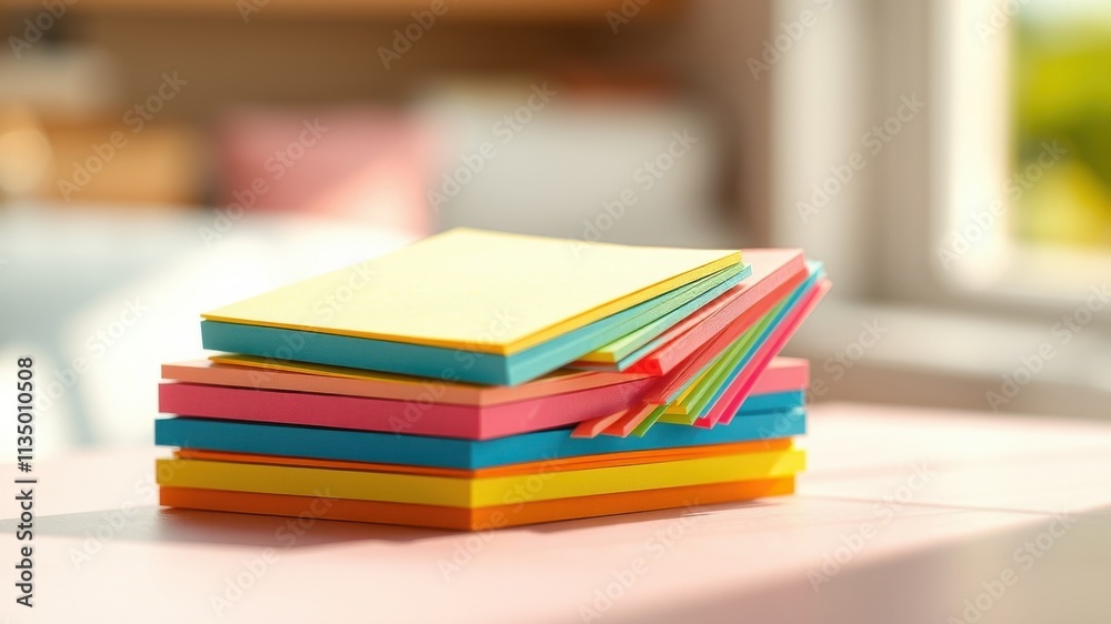A stack of colorful sticky notes arranged in a neat pile on a light pink table A stack of colorful sticky notes arranged in a neat pile on a light pink table
