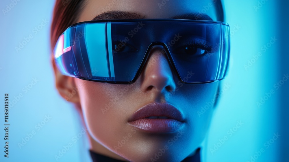 Futuristic fashion portrait of a woman in angular sunglasses Futuristic fashion portrait of a woman in angular sunglasses