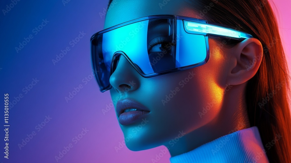 Futuristic woman wearing vibrant blue visor sunglasses Futuristic woman wearing vibrant blue visor sunglasses