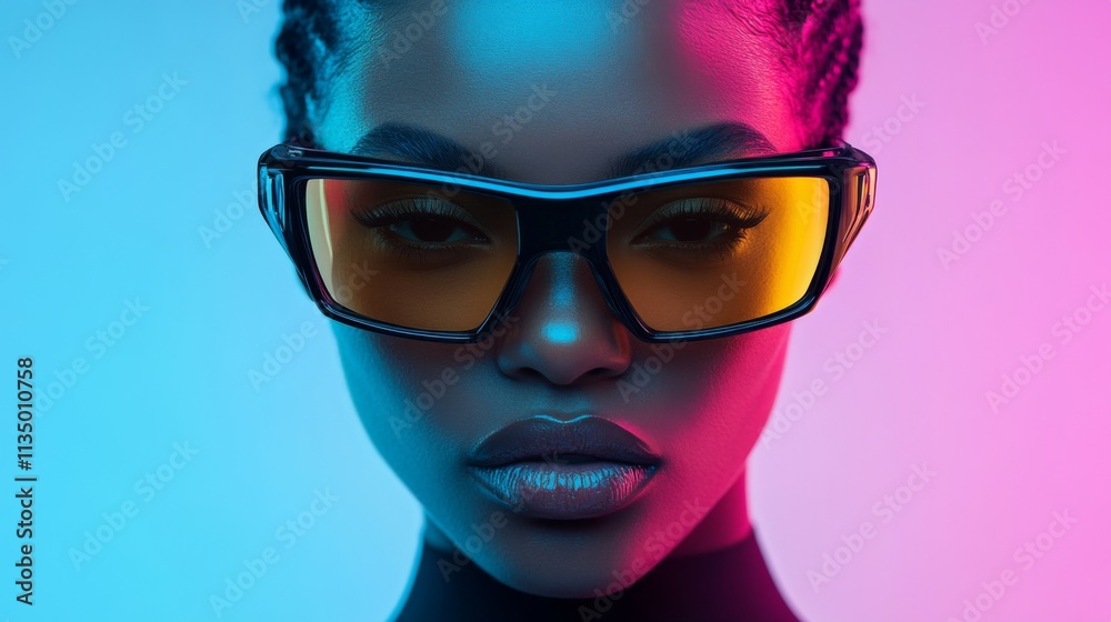 Model wearing angular yellow sunglasses with vibrant lighting Model wearing angular yellow sunglasses with vibrant lighting