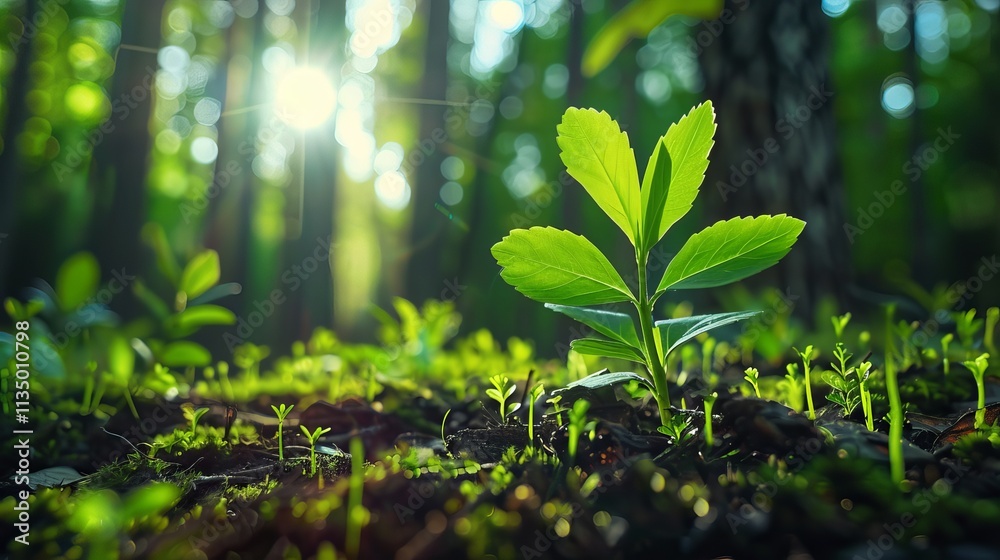 A fresh green sprout emerges from the rich dark soil, illuminated by soft sunlight filtering through the forest canopy. A fresh green sprout emerges from the rich dark soil, illuminated by soft sunlight filtering through the forest canopy.