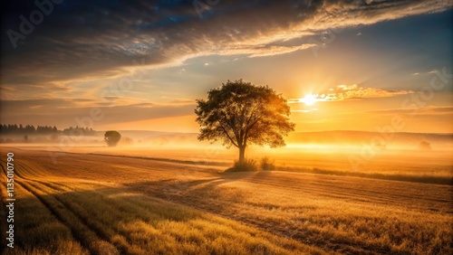 Minimalist Sunset Field Photography: Dusting Off Golden Hour, Rural Landscape, Serene Nature photo