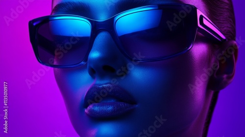 Closeup of woman wearing purple sunglasses with glowing lighting