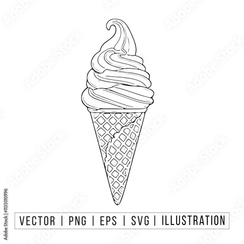 Ice Cream Cone Line Art - Soft Serve Dessert Illustration