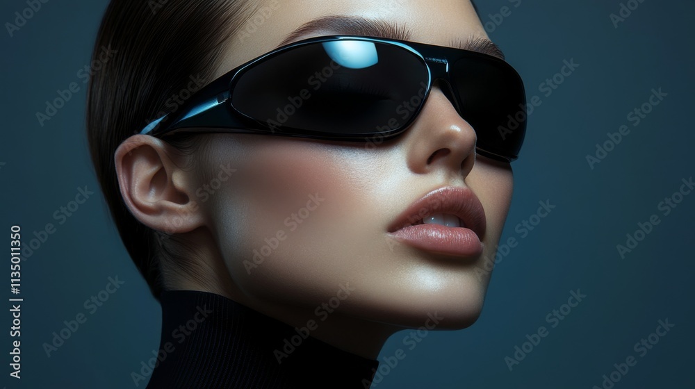 Fashion portrait of a woman in bold futuristic sunglasses Fashion portrait of a woman in bold futuristic sunglasses
