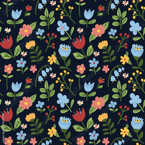Cute spring seamless floral pattern. Colorful flowers on a black background. Hand-drawn minimalism