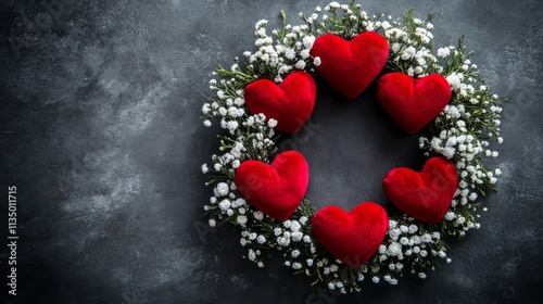 Red Velvet Hearts Encircling White Flowers Arrangement