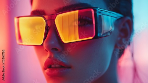 Portrait of a woman in futuristic orange sunglasses with a sleek look