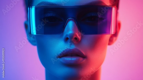 Close-up of a woman wearing sleek pink futuristic glasses