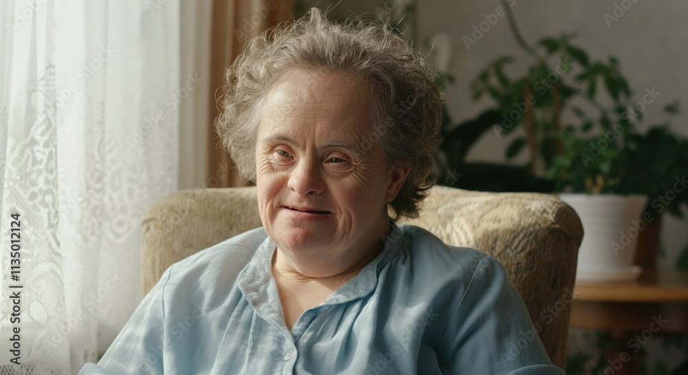 Elderly caucasian woman with down syndrome smiling indoors in a cozy living area Elderly caucasian woman with down syndrome smiling indoors in a cozy living area