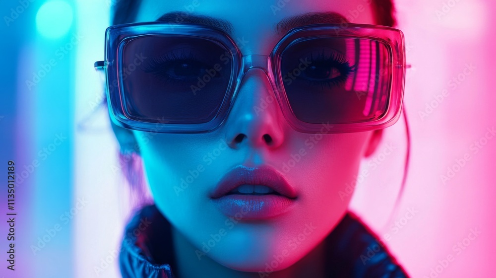 Close-up of a woman wearing stylish pink futuristic glasses Close-up of a woman wearing stylish pink futuristic glasses