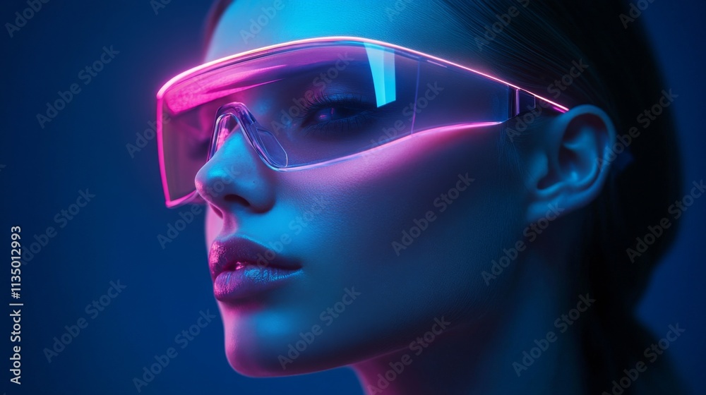 A futuristic portrait of a woman wearing bold pink glasses with glowing accents A futuristic portrait of a woman wearing bold pink glasses with glowing accents