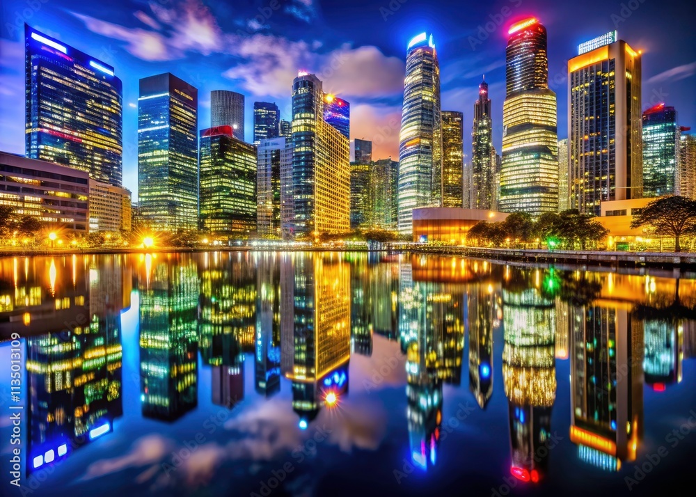 Obraz premium Night City Skyline Photography: Glass Skyscrapers, Bright Lights, Urban Reflections