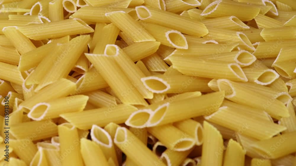 Close-up view of pasta. Raw Italian pipe-shaped pasta 4k footage.
Close-up view of pasta. Raw Italian pipe-shaped pasta 4k footage.