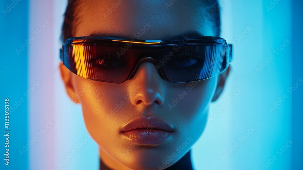 Fashionable woman wearing neon sunglasses posing in soft lighting Fashionable woman wearing neon sunglasses posing in soft lighting