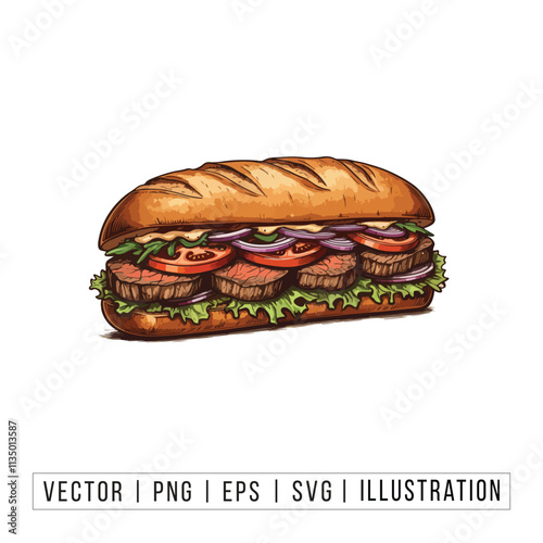 Delicious Submarine Sandwich with Fresh Toppings - Food Illustration