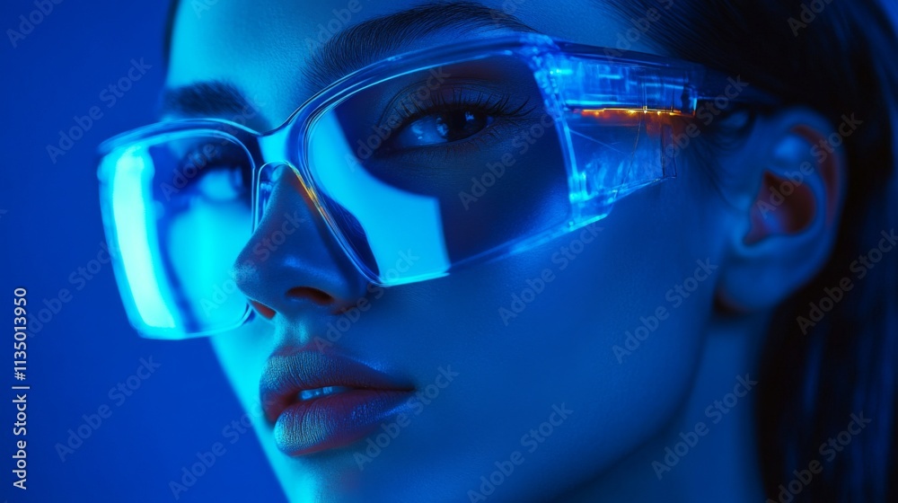 Young woman in glowing futuristic sunglasses with sleek design Young woman in glowing futuristic sunglasses with sleek design