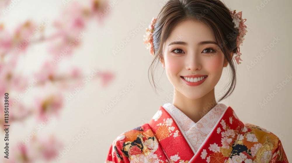 Young woman in traditional attire with cherry blossoms in the background Young woman in traditional attire with cherry blossoms in the background