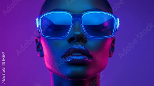 Stylish woman wearing vibrant blue sunglasses in neon lighting