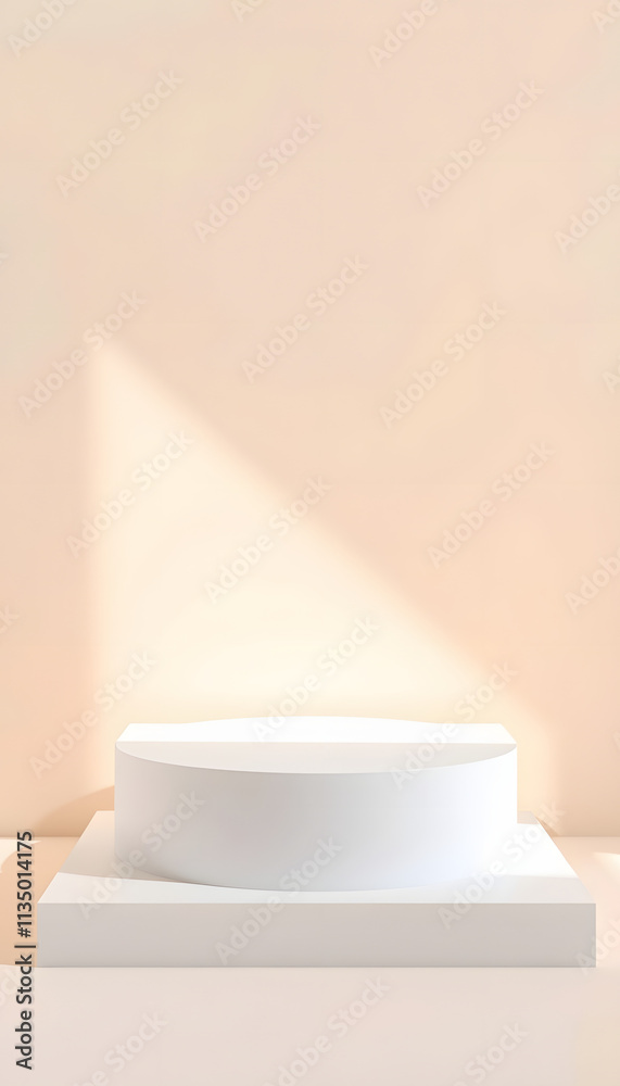 Abstract empty white podium on pastel beige background with shadow. Mock up podium for beauty product presentation and exhibitions. Abstract stand for cosmetic product. Minimal concept. Copy space, Abstract empty white podium on pastel beige background with shadow. Mock up podium for beauty product presentation and exhibitions. Abstract stand for cosmetic product. Minimal concept. Copy space,