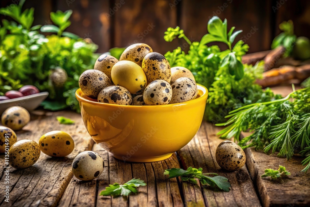 Organic Farm Fresh Quail Eggs in a Bright Yellow Bowl - Panoramic Photography of Nature's Delights for Culinary and Farm Lifestyle Imagery Organic Farm Fresh Quail Eggs in a Bright Yellow Bowl - Panoramic Photography of Nature's Delights for Culinary and Farm Lifestyle Imagery
