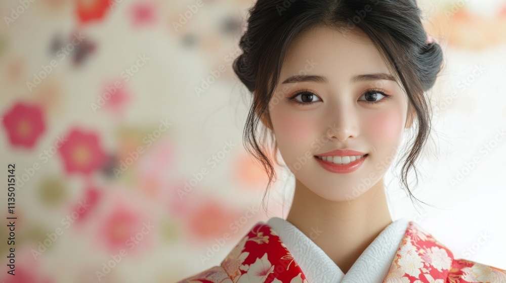 Cheerful young woman in a traditional Japanese kimono surrounded by cherry blossoms Cheerful young woman in a traditional Japanese kimono surrounded by cherry blossoms