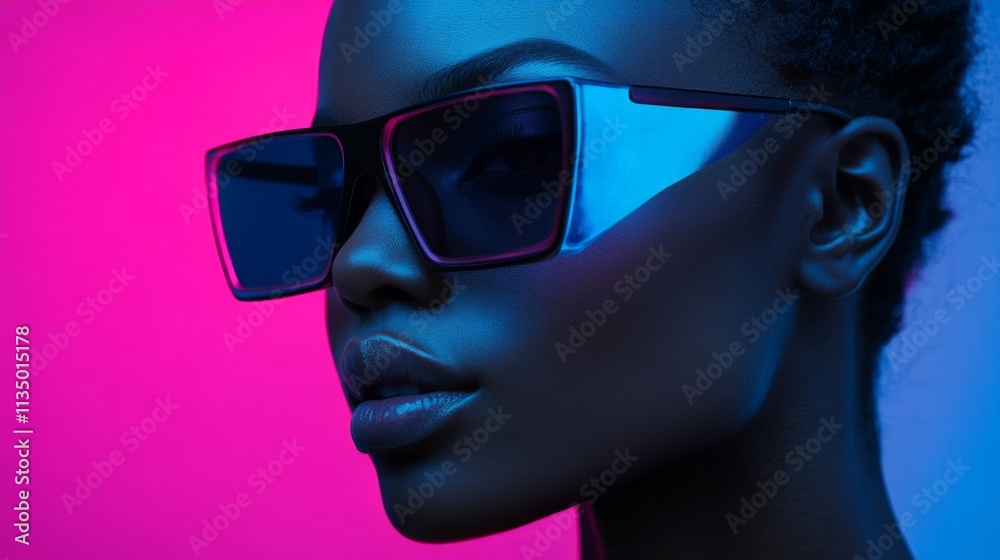 Stylish woman in futuristic sunglasses under neon pink and blue lighting Stylish woman in futuristic sunglasses under neon pink and blue lighting