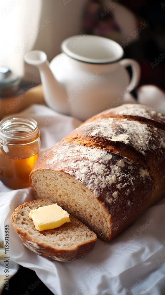 A loaf of bread with butter and honey, accompanied by a teapot, creating a cozy meal scene. A loaf of bread with butter and honey, accompanied by a teapot, creating a cozy meal scene.