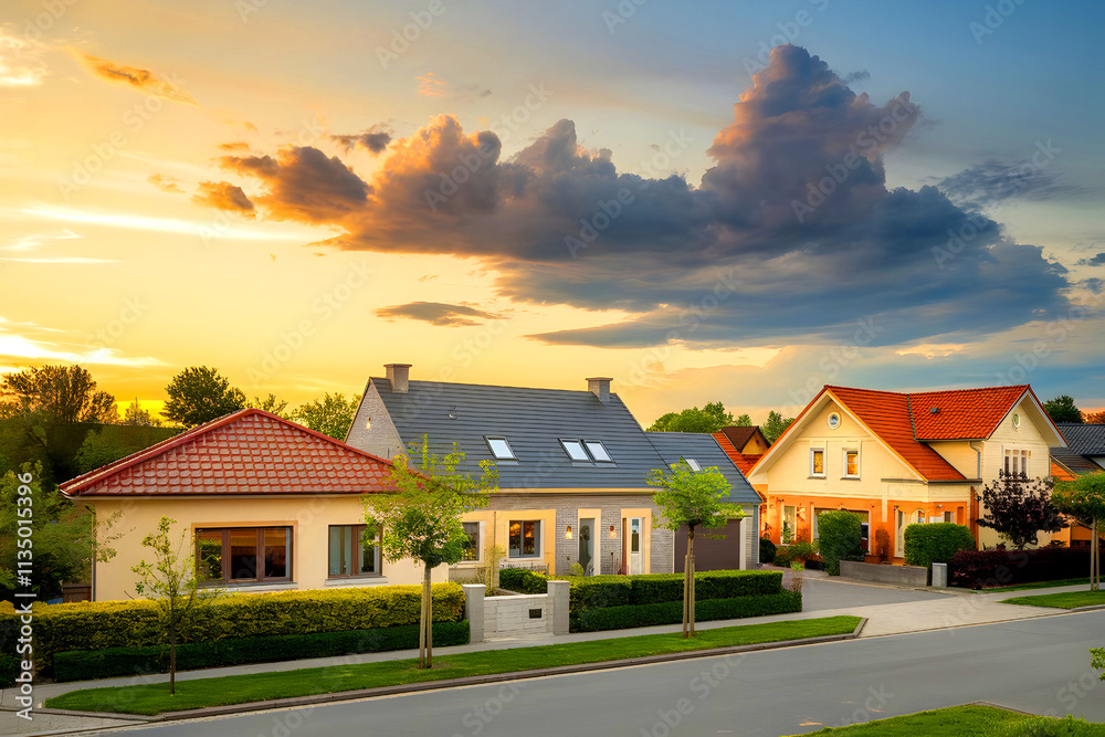 street in a German suburb with brand-new, contemporary houses. street in a German suburb with brand-new, contemporary houses.
