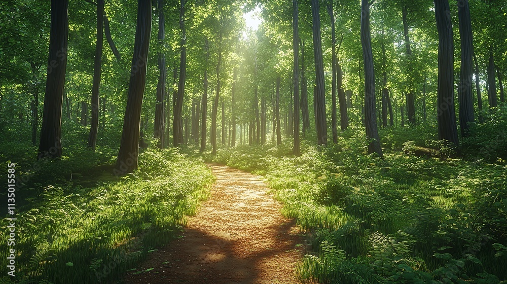 The sun is shining through the trees, casting a warm glow on the forest floor The sun is shining through the trees, casting a warm glow on the forest floor
