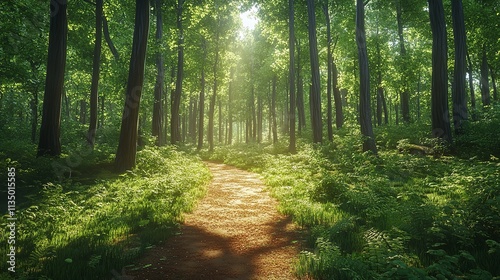 The sun is shining through the trees, casting a warm glow on the forest floor