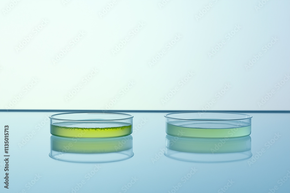 Two petri dishes with distinct colored liquids, set against a minimalistic background, showcasing a scientific or experimental theme. Two petri dishes with distinct colored liquids, set against a minimalistic background, showcasing a scientific or experimental theme.
