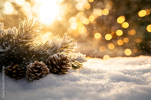 Winter Snow Scene with Pine Branches and Glowing Lights photo