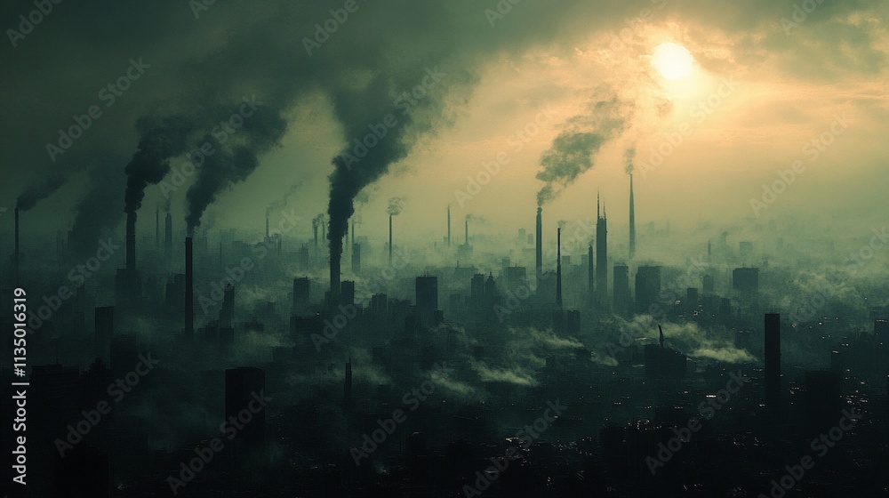 Obraz premium A Dark Polluted Cityscape Depicting the Harsh Realities of Urban Smog and Toxicity: A Visual Representation of Environmental Challenges