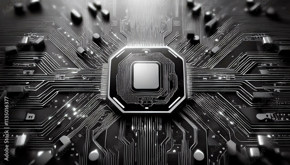 Fototapeta premium Artificial intelligence chip on circuit board in futuristic concept technology background, future business innovation design
