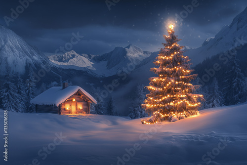 Christmas Tree with Candles in Snow Beside a Cozy Lit Hut in the Mountains