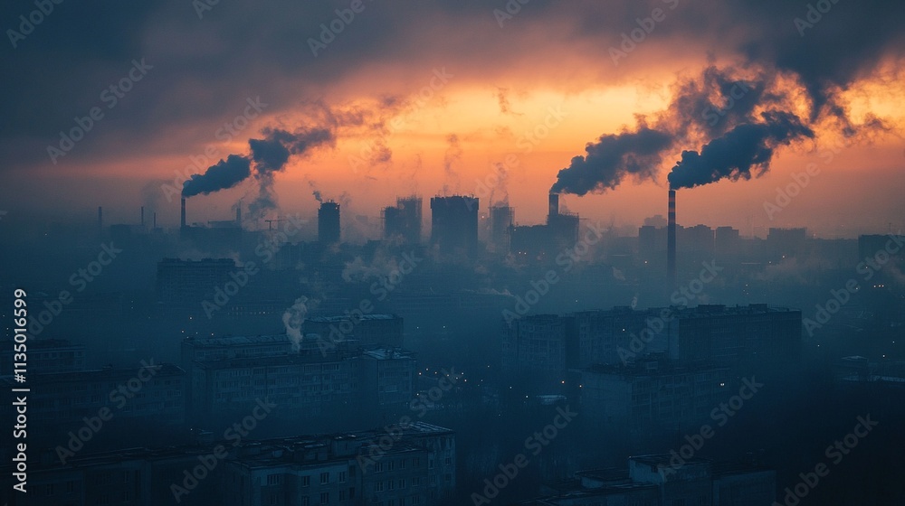 A Dark and Polluted Cityscape Depicting the Impact of Heavy Smog and Toxicity on Urban Life and Environment, Ideal for Discussing Environmental Issues A Dark and Polluted Cityscape Depicting the Impact of Heavy Smog and Toxicity on Urban Life and Environment, Ideal for Discussing Environmental Issues