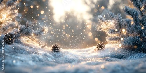 Winter Snow Scene with Pine Branches and Glowing Lights photo