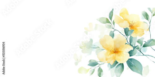 Fototapeta Naklejka Na Ścianę i Meble -  Yellow flowers and green leaves watercolor illustration isolated on transparent background