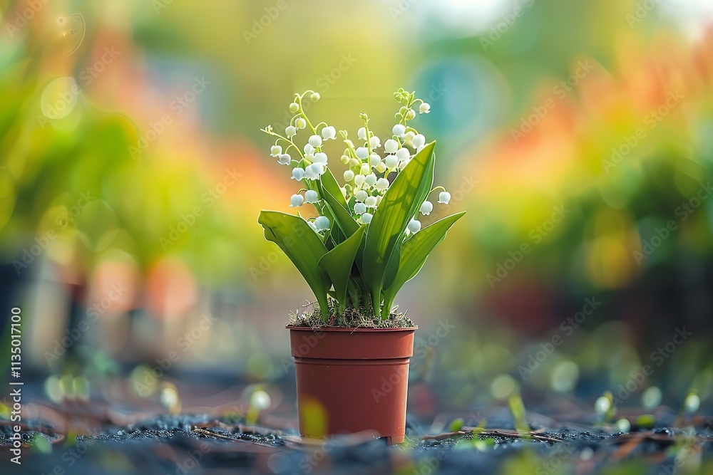 In-depth of a white valley lily flowering plant in a vessel over a backdrop of verdant nature creating an adorable environment and space, Generative AI. In-depth of a white valley lily flowering plant in a vessel over a backdrop of verdant nature creating an adorable environment and space, Generative AI.