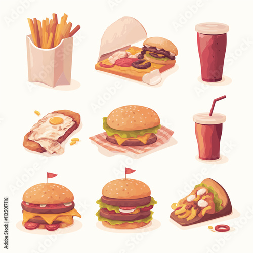 Illustration of fast food items such as hamburgers, sausages, and pizza