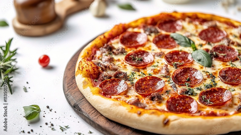 Delicious Pepperoni Pizza Slice with Rich Toppings and Herbs
