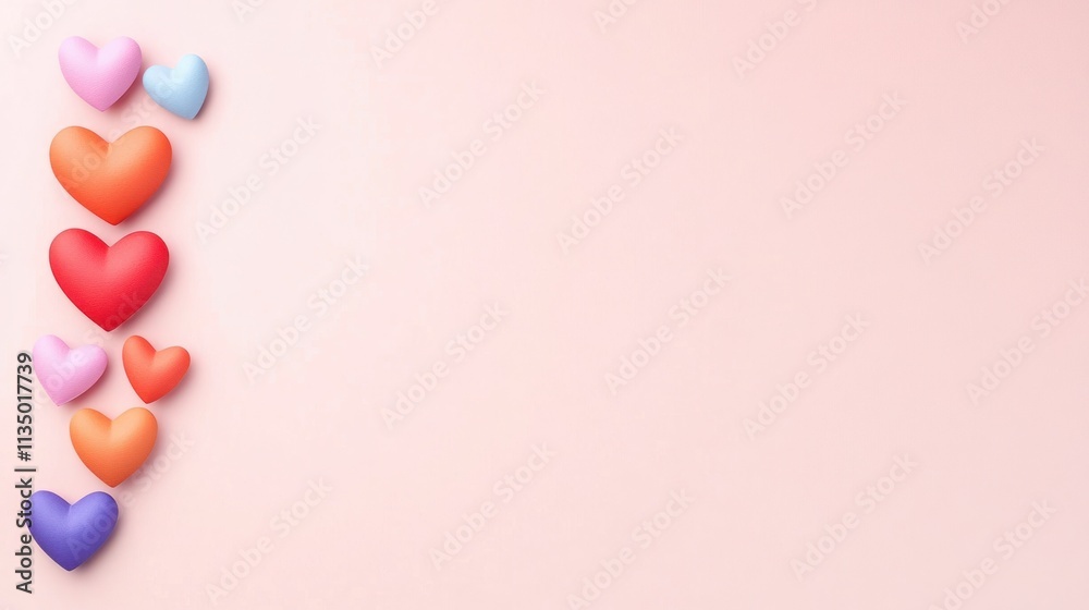 Row of Red Heart-Shaped Paper Ornaments on Soft Pink Background, Symbolizing Love and Valentine's Day Celebrations Row of Red Heart-Shaped Paper Ornaments on Soft Pink Background, Symbolizing Love and Valentine's Day Celebrations