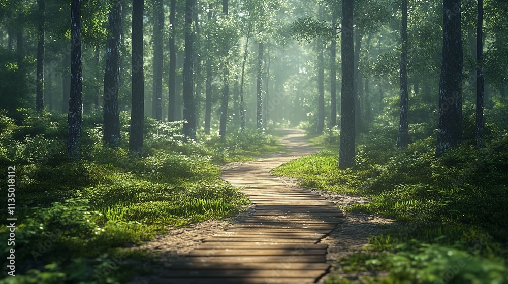 Fototapeta premium The sun is shining through the trees, casting a warm glow on the forest floor