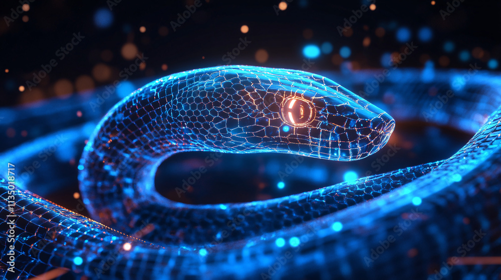 Fototapeta premium A futuristic snake icon glowing with species data, symbolizing online reptile care platforms, habitat tracking tools, and wildlife education resources. 