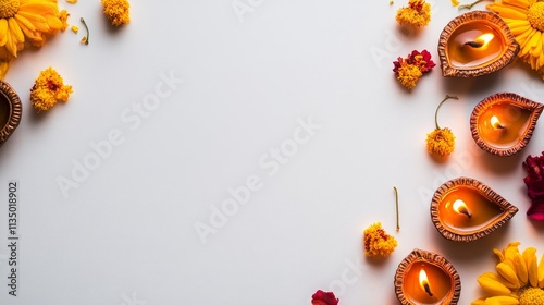 A cultural and festive scene for Diwali with diyas (lamps), rangoli designs, and festive decorations against a warm and celebratory background photo